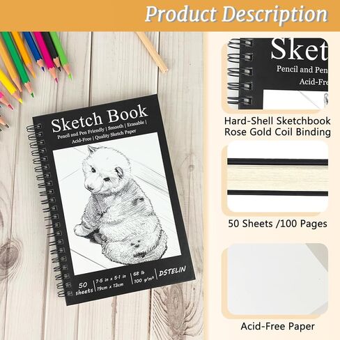 DSTELIN 7.5 x 5.1 Inch Sketch Book, 50 Sheets,100gsm, Spiral Bound Black Hardcover with Dog Cover, Ideal for Sketching and Drawing in Kuwait