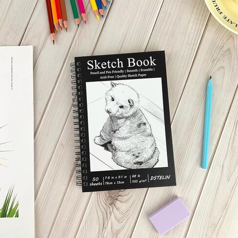 DSTELIN 7.5 x 5.1 Inch Sketch Book, 50 Sheets,100gsm, Spiral Bound Black Hardcover with Dog Cover, Ideal for Sketching and Drawing in Kuwait