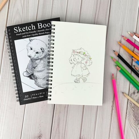 DSTELIN 7.5 x 5.1 Inch Sketch Book, 50 Sheets,100gsm, Spiral Bound Black Hardcover with Dog Cover, Ideal for Sketching and Drawing in Kuwait