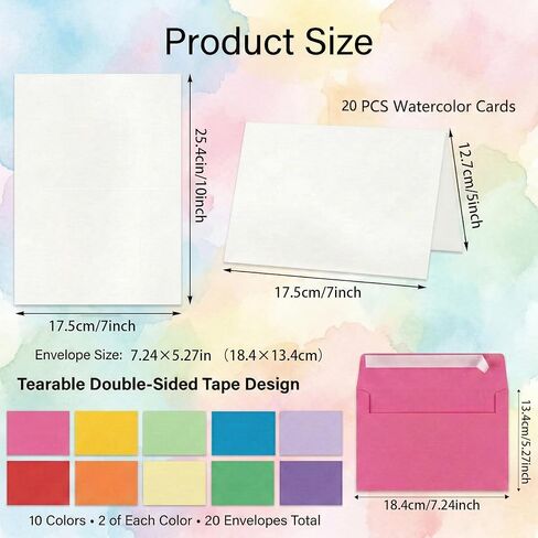 20 Sets 5 x 7 Inch Blank Watercolor Paper Cards with Colored Envelopes(10 Colors), 140lb/300GSM Foldable Watercolor Postcards with Envelopes for Greeting Cards Wedding Invitations in Saudi Arabia