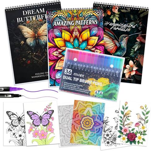 Adult Coloring Book Set for Women Relaxation，Spiral Bound Coloring Book for Adult with 36 Colors Markers,Anxiety Relief Gifts for Women and Men with 72 Patterns (Butterflies+Birds+Mandala) in Saudi Arabia