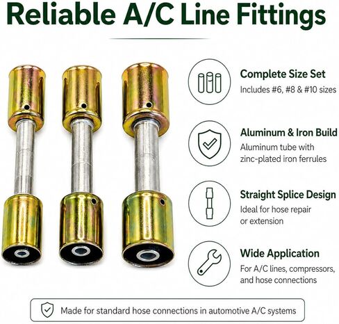 3PCS AC Hose Fitting Set #6#8#10, Straight Aluminum Splice with Iron Ferrules, A/C Refrigerant Line Fittings for 5/16" 13/32" 1/2" Standard Hose in Saudi Arabia