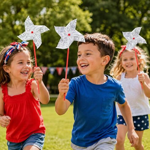 دواليب وطنية من Fun Express DIY - تصنع 12 - حرف يدوية في الولايات المتحدة الأمريكية والرابع من يوليو - ورق وبلاستيك - دواليب 5 بوصة على عصي 10 بوصة in Kuwait