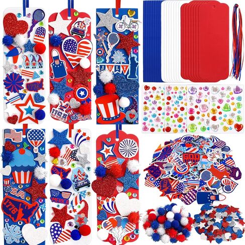 Fancy Land 4th of July Crafts Kits 24 Sets DIY Patriotic Bookmark Decorations Kids Self Adhesive Patriotic Foam Stickers Arts Craft for Independence Day Memorial Day Party Favors Exchange Supplies in Kuwait