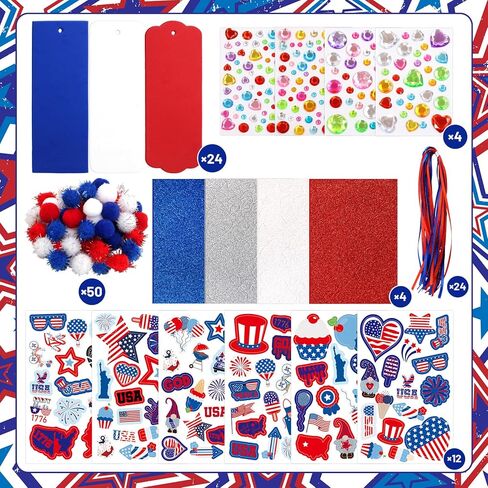 Fancy Land 4th of July Crafts Kits 24 Sets DIY Patriotic Bookmark Decorations Kids Self Adhesive Patriotic Foam Stickers Arts Craft for Independence Day Memorial Day Party Favors Exchange Supplies in Kuwait