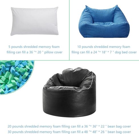 Bean Bag Filler, 10 Pounds Comfortable and Soft Shredded Memory Foam Filling Without Gel, Premium Random Colors BeanBag Stuffing for Various Pillows/Punching Bag/Couch Cushions/Pouf/Dog Bed in Kuwait