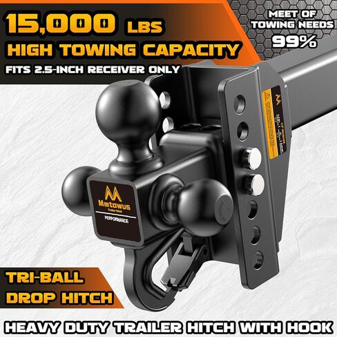 Adjustable Trailer Hitch - Drop Hitch -Tri Ball Mount w/Hook (1-7/8'', 2''&2-5/16''), Fits 2.5-Inch Receiver, 6'' Drop/Rise 15,000 LBS GTW Tow Hitch, 3 Ball Hitches for Trucks, RV, Camper etc in Saudi Arabia