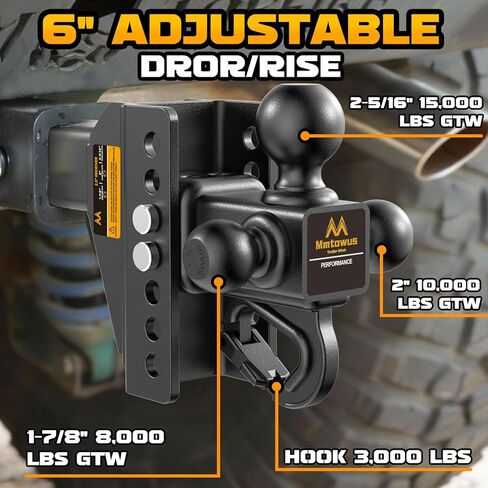 Adjustable Trailer Hitch - Drop Hitch -Tri Ball Mount w/Hook (1-7/8'', 2''&2-5/16''), Fits 2.5-Inch Receiver, 6'' Drop/Rise 15,000 LBS GTW Tow Hitch, 3 Ball Hitches for Trucks, RV, Camper etc in Saudi Arabia
