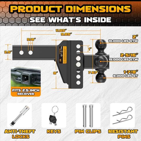 Adjustable Trailer Hitch - Drop Hitch -Tri Ball Mount w/Hook (1-7/8'', 2''&2-5/16''), Fits 2.5-Inch Receiver, 6'' Drop/Rise 15,000 LBS GTW Tow Hitch, 3 Ball Hitches for Trucks, RV, Camper etc in Saudi Arabia