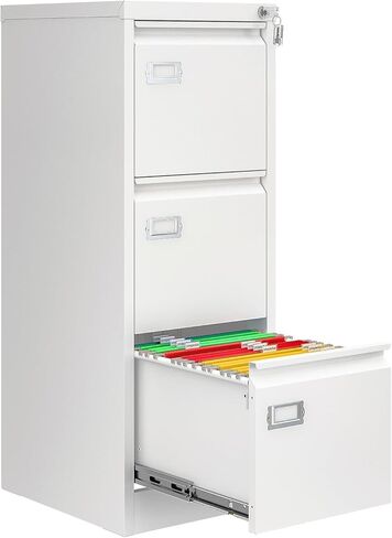 3 Drawer File Cabinet with Lock, Metal Filing Cabinets for Home Office, Vertical White Locking File Caninet, Steel Narrow Three Drawer File Cabnet for Letter/Legal / A4 / B4- Assembly Required in Saudi Arabia