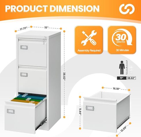3 Drawer File Cabinet with Lock, Metal Filing Cabinets for Home Office, Vertical White Locking File Caninet, Steel Narrow Three Drawer File Cabnet for Letter/Legal / A4 / B4- Assembly Required in Saudi Arabia