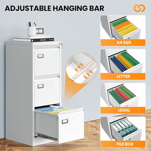3 Drawer File Cabinet with Lock, Metal Filing Cabinets for Home Office, Vertical White Locking File Caninet, Steel Narrow Three Drawer File Cabnet for Letter/Legal / A4 / B4- Assembly Required in Saudi Arabia