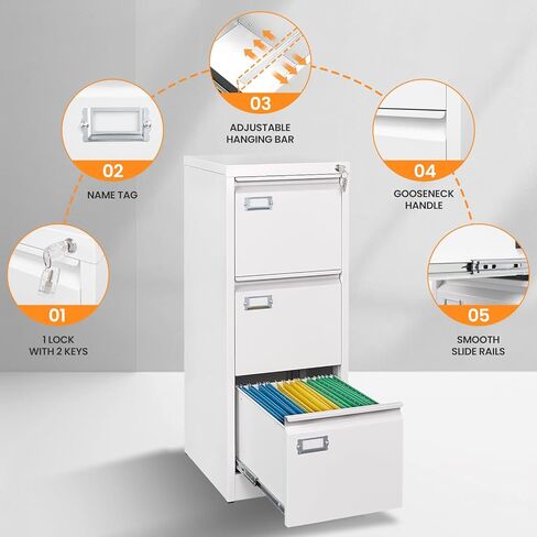 3 Drawer File Cabinet with Lock, Metal Filing Cabinets for Home Office, Vertical White Locking File Caninet, Steel Narrow Three Drawer File Cabnet for Letter/Legal / A4 / B4- Assembly Required in Saudi Arabia