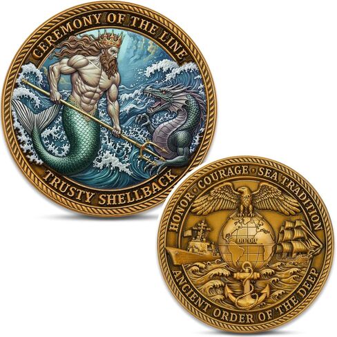 Shellback Challenge Coin,Navy Crossing The Line Ceremony Commemorative Coin,Ancient Order of The Deep Symbolism,Sailor Initiation Maritime Keepsake,Double-Sided 3D Relief Coin in Saudi Arabia