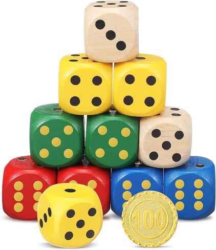 Poen 10 Pcs Wooden Dice Set 30mm 1.18 Inches D6 Large Jumbo 6 Sided Game Dice Bulk with Numbers 1-6 Round for Table Board Games Party Favors(Multicolor) in Kuwait