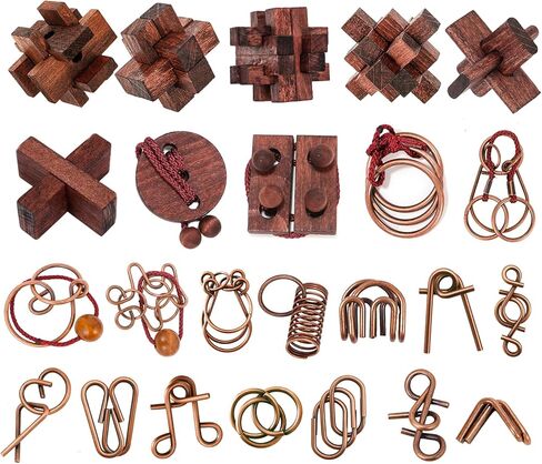 24 Pcs Brain Teaser Puzzles for Adults - Metal & Wooden 3D IQ Test Logic Game, Unlock Interlocking Brain Puzzle Toys for Teens Kids, Smart Educational Desk Toy for Mind Challenges in Saudi Arabia