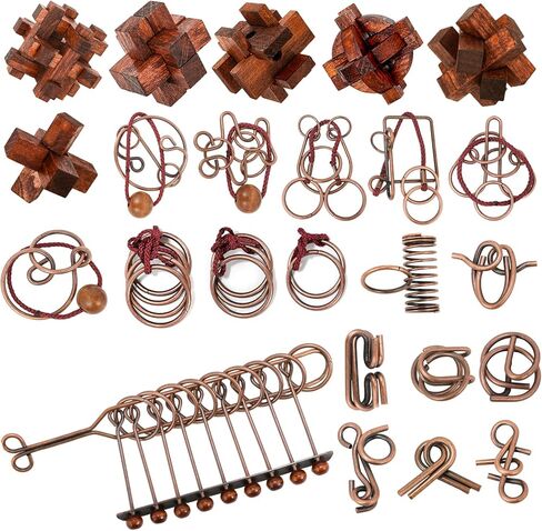 24 Pcs Brain Teaser Puzzles for Adults - Metal & Wooden 3D IQ Test Logic Game, Unlock Interlocking Brain Puzzle Toys for Teens Kids, Smart Educational Desk Toy for Mind Challenges in Saudi Arabia