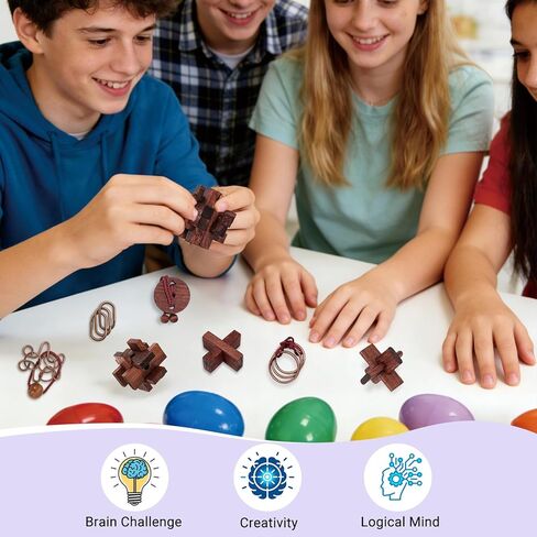 24 Pcs Brain Teaser Puzzles for Adults - Metal & Wooden 3D IQ Test Logic Game, Unlock Interlocking Brain Puzzle Toys for Teens Kids, Smart Educational Desk Toy for Mind Challenges in Saudi Arabia