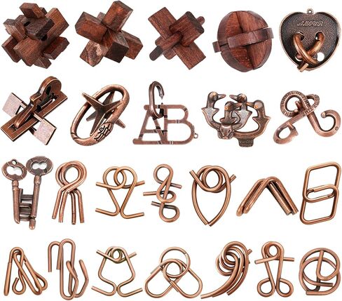 24 Pcs Brain Teaser Puzzles for Adults - Metal & Wooden 3D IQ Test Logic Game, Unlock Interlocking Brain Puzzle Toys for Teens Kids, Smart Educational Desk Toy for Mind Challenges in Saudi Arabia
