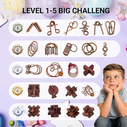 24 Pcs Brain Teaser Puzzles for Adults - Metal & Wooden 3D IQ Test Logic Game, Unlock Interlocking Brain Puzzle Toys for Teens Kids, Smart Educational Desk Toy for Mind Challenges in Saudi Arabia