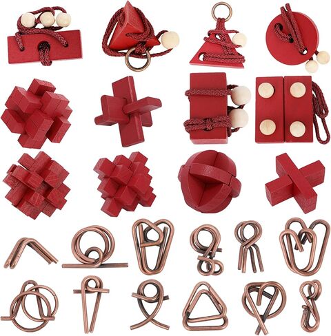 24 Pcs Brain Teaser Puzzles for Adults - Metal & Wooden 3D IQ Test Logic Game, Unlock Interlocking Brain Puzzle Toys for Teens Kids, Smart Educational Desk Toy for Mind Challenges in Saudi Arabia