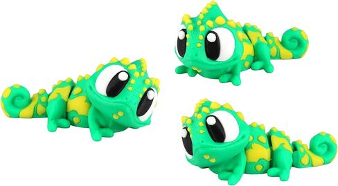 PowerTRC 3D Printed Articulated Chameleon Fidget Toy 3 Pack – Flexible Cute Animal Desk Decor, Adult Stress Relief Fidget Collectible – 3D Printed in USA in Saudi Arabia