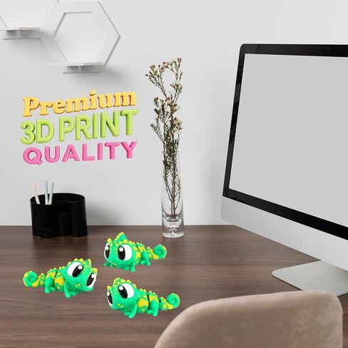 PowerTRC 3D Printed Articulated Chameleon Fidget Toy 3 Pack – Flexible Cute Animal Desk Decor, Adult Stress Relief Fidget Collectible – 3D Printed in USA in Saudi Arabia