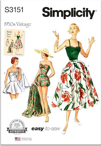 Simplicity SS3151K5 بدلة سباحة قطعة واحدة وتنورة من قطعة واحدة كلاسيكية من الخمسينيات، رمز التصميم S3151، المقاسات 8-10-12-14-16 in Kuwait