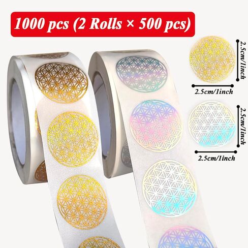 1000 Pcs Flower of Life Stickers Roll, Foil Golden & Holographic Sacred Geometry Round Stickers, Self Adhesive Spiritual Labels for Gift Wrapping, Packaging, Crafts Decoration in Saudi Arabia