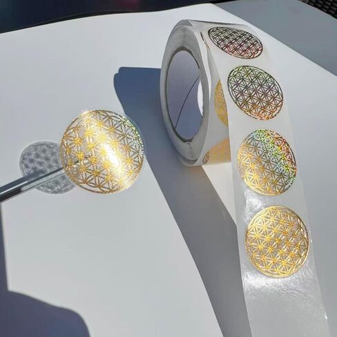 1000 Pcs Flower of Life Stickers Roll, Foil Golden & Holographic Sacred Geometry Round Stickers, Self Adhesive Spiritual Labels for Gift Wrapping, Packaging, Crafts Decoration in Saudi Arabia