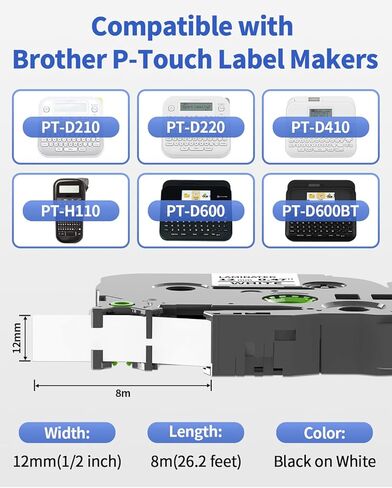 4-Pack Label Maker Tape 12mm 0.47" White Replacement for Brother P Touch Label Tape TZe-231 TZ-231, Compatible with Brother Ptouch PT-D210 PT-H110 PT-D220 PT-D400,Black on White in Saudi Arabia