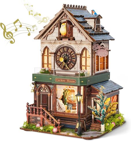 FUNPOLA 3D Wooden Puzzle Miniature House with Cuckoo Sound, DIY Mechanical Cuckoo Clock Model kit Home Décor for Display, Unique Craft Gift for Adults and Teens (Cuckoo House) in Saudi Arabia