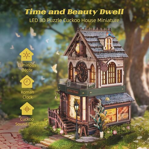 FUNPOLA 3D Wooden Puzzle Miniature House with Cuckoo Sound, DIY Mechanical Cuckoo Clock Model kit Home Décor for Display, Unique Craft Gift for Adults and Teens (Cuckoo House) in Saudi Arabia