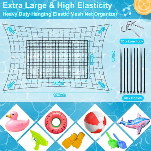 Extra Large Pool Toy Float Storage Net, 71×47'' Heavy Duty Hanging Elastic Mesh Net Organizer with 20 Hooks, 50 Cable Ties, Swimming Poolside Fence Toys Holder for Inflatable Rafts Pool Noodles Balls in Saudi Arabia
