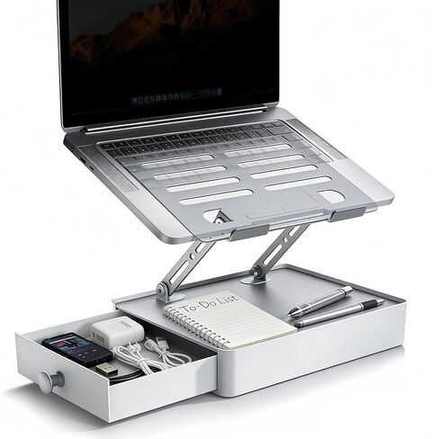 Laptop Stand with Storage Drawer, Heavy-Duty Metal Laptop Riser for Desk, Ergonomic Height & Angle Adjustment for 10–16.2″ Laptops, Silver in Saudi Arabia