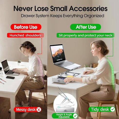 Laptop Stand with Storage Drawer, Heavy-Duty Metal Laptop Riser for Desk, Ergonomic Height & Angle Adjustment for 10–16.2″ Laptops, Silver in Saudi Arabia