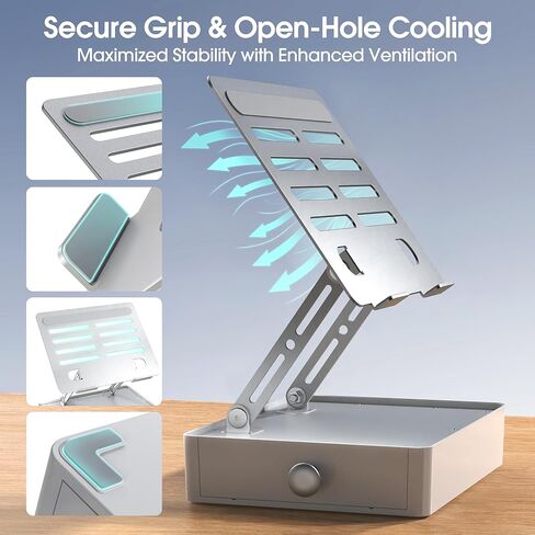 Laptop Stand with Storage Drawer, Heavy-Duty Metal Laptop Riser for Desk, Ergonomic Height & Angle Adjustment for 10–16.2″ Laptops, Silver in Saudi Arabia