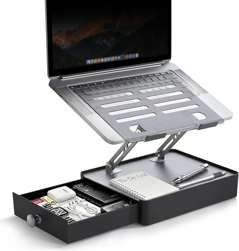 Laptop Stand with Storage Drawer, Heavy-Duty Metal Laptop Riser for Desk, Ergonomic Height & Angle Adjustment for 10–16.2″ Laptops, Silver in Saudi Arabia