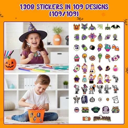 1,308 ملصقات الهالوين اللطيفة للأطفال بشكل مزخرف - 120 ورقة مع 109 تصميمًا لحقائب الخدعة أو الحلوى، هدايا الحفلات، الفنون والحرف اليدوية، سجل القصاصات، وأنشطة الفصل الدراسي in Kuwait