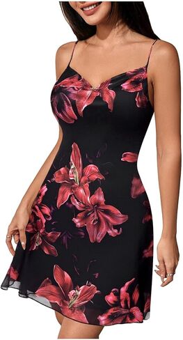 MakeMeChic Women's Floral Print Draped Spaghetti Strap Flared Summer Short Mini Cami Dress in Kuwait