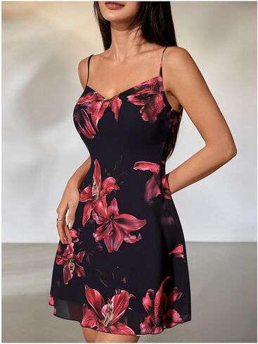 MakeMeChic Women's Floral Print Draped Spaghetti Strap Flared Summer Short Mini Cami Dress in Kuwait