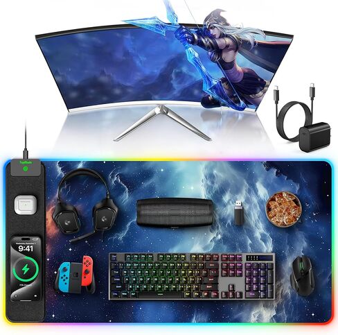 لوحة ماوس شحن لاسلكية من TopMade، لوحة ماوس ألعاب RGB للمكتب المنزلي، حصيرة مكتب كبيرة مقاس 31.5 بوصة × 15.8 بوصة، لوحة لوحة مفاتيح مقاومة للماء، Galaxy Nebula (تتضمن محول طاقة PD 20 وات وكابل منسوج بطول 6.56 قدم) in Kuwait