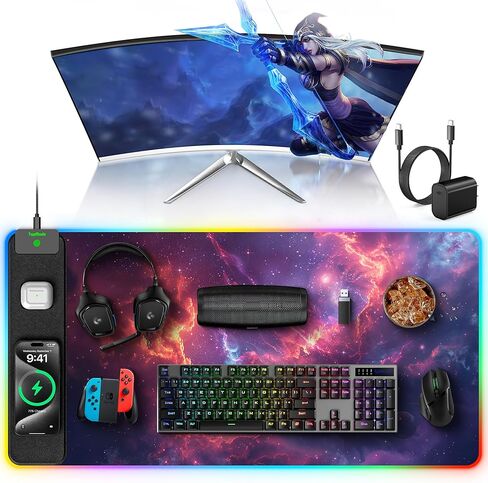 TopMade Wireless Charging Mouse Pad, RGB Gaming Mousepad Home Office Desk Pad, 31.5" x 15.8" Large Desk Mat, Waterproof Keyboard Pad, Galaxy Nebula (Includes 20W PD Power Adapter & 6.56ft Woven Cable) in Saudi Arabia