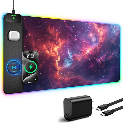 TopMade Wireless Charging Mouse Pad, RGB Gaming Mousepad Home Office Desk Pad, 31.5" x 15.8" Large Desk Mat, Waterproof Keyboard Pad, Galaxy Nebula (Includes 20W PD Power Adapter & 6.56ft Woven Cable) in Saudi Arabia