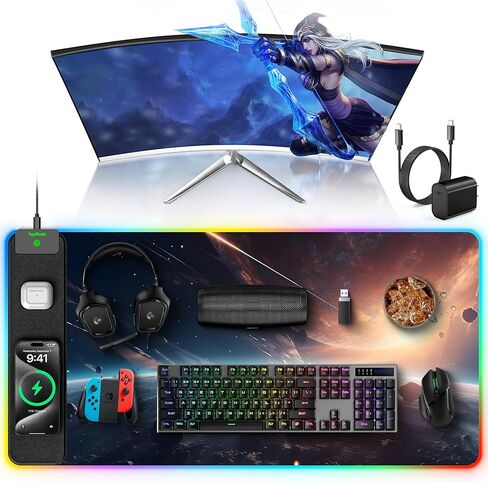 TopMade Wireless Charging Mouse Pad, RGB Gaming Mousepad Home Office Desk Pad, 31.5" x 15.8" Large Desk Mat, Waterproof Keyboard Pad, Galaxy Nebula (Includes 20W PD Power Adapter & 6.56ft Woven Cable) in Saudi Arabia