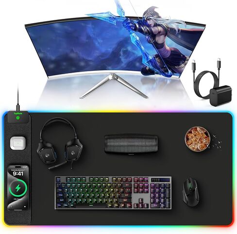 TopMade Wireless Charging Mouse Pad, RGB Gaming Mousepad Home Office Desk Pad, 31.5" x 15.8" Large Desk Mat, Waterproof Keyboard Pad, Galaxy Nebula (Includes 20W PD Power Adapter & 6.56ft Woven Cable) in Saudi Arabia