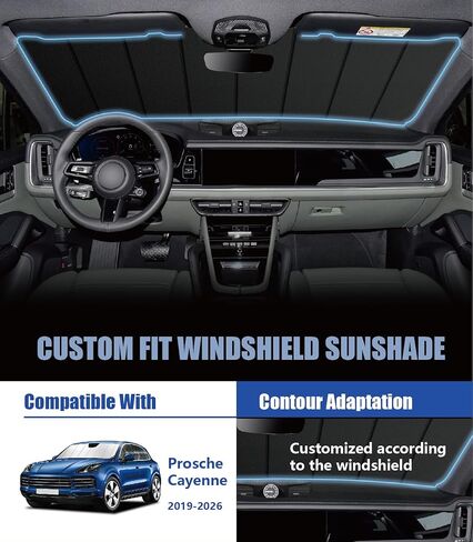Windshield Sun Shade for Porsche Cayenne 2019-2026, Custom-fit Windshield Cover, Heat Insulation Shield, Protect Dashboard, Foldable Car Window Shades - Porsche Cayenne Accessories in Saudi Arabia