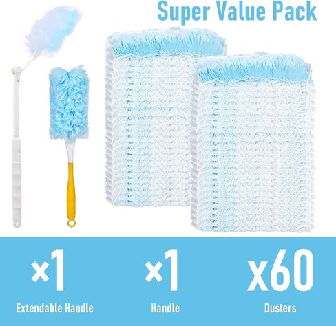 60 Count Heavy Duty Dusters Refills, Disposable Cleaning Duster Kit Microfiber Dusters Multi-Surface Duster with Extendable Handle and 1 Handle for Home Ceiling Fan Furniture Blinds in Kuwait