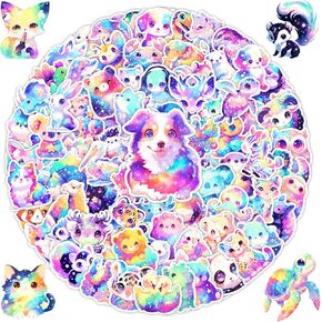 Cute Animal Stickers for Decorating Water Bottles, Laptops, 100 Pcs Holographic Waterproof Vinyl Decals Cartoon Starry Animal Stickers for Kids, Adults, Rainbow Animals Party Favors in Saudi Arabia
