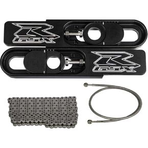 2003 GSXR 1000 Swingarm Extensions Black Engraved 4.5-9" Stretch with 36" Extended Brake Line and 530 x 150 Link Chain - Made in the USA in Saudi Arabia